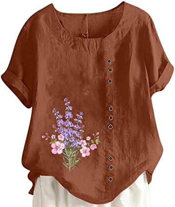 + Ženske pamučne lanene bluze s cvjetnim uzorkom Plus Size ljetne košulje širokog kroja s okruglim vratom kratkih rukava