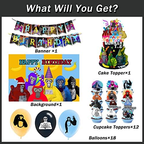 Oznaka ukrasa za rođendan Goril-la, 33pcs goril-la duge oružje za stranke za zabavu Uključeni natpisni kolač Topper Balloons