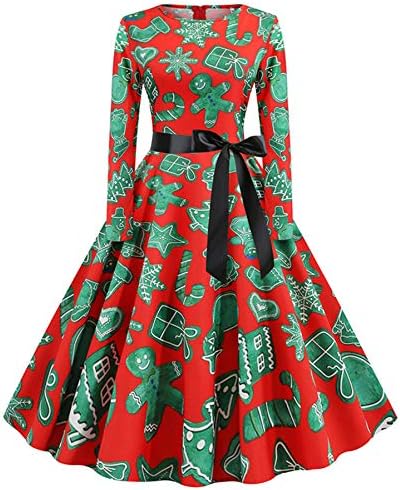 ANDONGNYWELL Ženski božićni print casual midi haljina šivanje čipkaste čipke s dugim rukavima s tiskanim haljinama