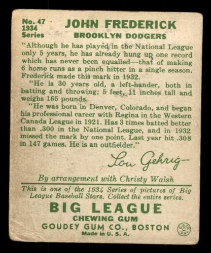 1934. Goudey 47 John Frederick Brooklyn Dodgers Good Dodgers