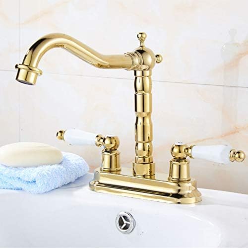 Zlatna boja mesing 4 centreset kupaonice dvije rupe miksera slavina za sudoper slavine, tapkajte skretanje dvostruke keramičke