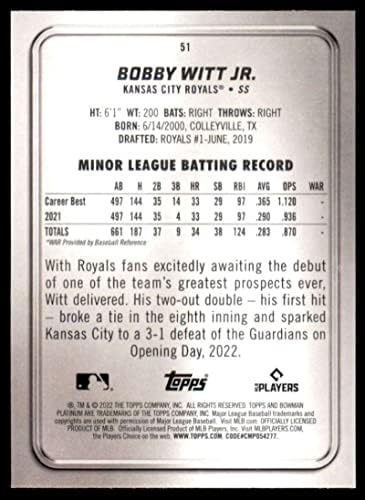 2022. Bowman Platinum 51 Bobby Witt Jr. Kansas City Royals MLB bejzbol kartica NM-MT