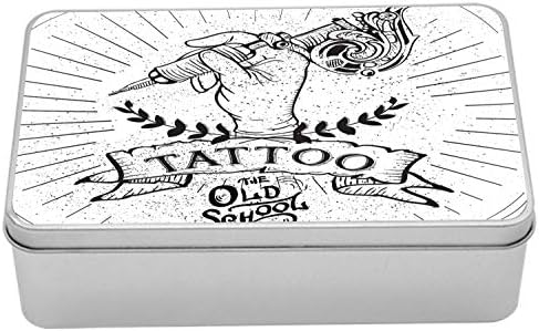 AMBESONNE RETRO TIN Box, jednobojna retro tematska skica s rukom umjetnika tetovaža s strojem, prijenosni pravokutnički organski