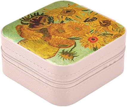 Alaza Suncower Print Van Gogh Mali nakit kutija za žene djevojke muškarci Putni nakit Organizator PU, ružičasti rub