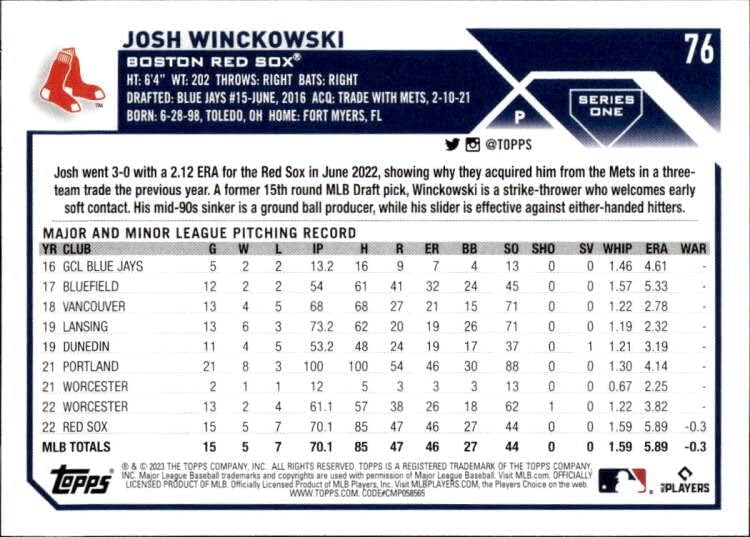 Josh Winckowski RC 2023 Topps 76 Rookie Red Sox NM+ -MT+ MLB bejzbol