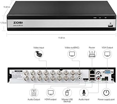ZOSI H.265+ 1080P FHD 16 kanal DVR za sustav kućnih sigurnosnih kamera, hibridni 4-u-1 nadzorni CCTV DVR rekorder, otkrivanje
