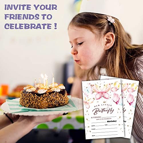 Pozivnica za 1. rođendan, ružičasti leptir tematske tematske pozive za tinejdžere dječake i djevojčice, 20 poziva s omotnicama,