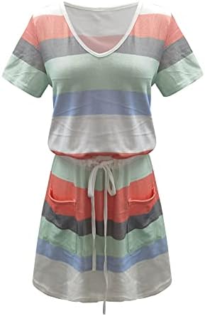 Lcziwo Žene Ljetna ležerna prugasta haljina elastična struka trendi plaža džepovi haljina u boji blok špageta naramenice