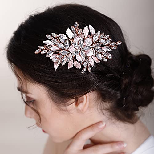 Vjenčani kristali Cvjetni češalj za kosu za mladenku žene rhinestone list češalj za kosu za vjenčanje ružičasto zlato