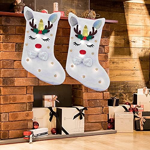 Viglt Unicorn Božićna čarapa s LED svjetlom, Djevojka božićna čarapa, Dječja božićna čarapa, Dekoracija božićnog drvca Socking