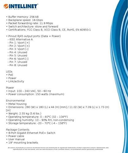Intellinet Network Solutions 8 -port Gigabit Ethernet Poe+ Switch 140W - IEEE 802.3AT IEEE 802.3AF Snaga preko Ethernet Poe+