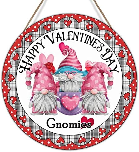 Drveni zidni umjetnički znak Sretan Valentinovo Gnomies Znak na vrata Crveni srčani vijenac ružičasta gnome obitelj rustikalni