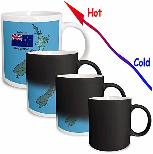 3Drose zastavu i karta Novog Zelanda sa svim identificiranim regijama i nazvanim dva tona šalice, 11 oz, crno/bijelo