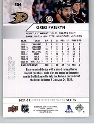 2021-22 Gornja paluba proširena 504 Greg Pateryn Anaheim Ducks NHL Trgovačka karta hokeja