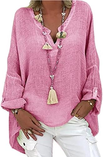 Ertupe plus size ležerne pamučne lanene košulje za žene dugi rukavi Boem seljački seljački ljetni tunik gornje bluze