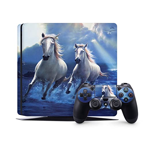 Tanka koža ZOOMHITSKINS za PS4, kompatibilan sa Playstation 4 Slim, White Horse Riding Mustang Knight Ocean, 1 skin za PS4
