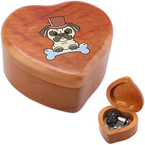 Pug Gentlemen Dog Bones Vintage Wooden Wortwork Musical Box Glazbeni kutija u obliku srca u obliku srca za ljubavnice obiteljske