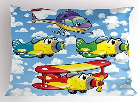 Ambasonne crtani jastuk sramota, zrakoplovi i helikopteri s licima u oblačnom nebu printu, ukrasna standardna veličina tiskana