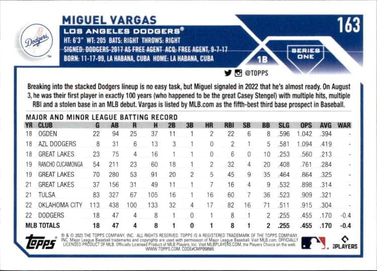 2023 Topps 163 Miguel Vargas NM-MT RC Rookie Los Angeles Dodgers Baseball Trading Card MLB