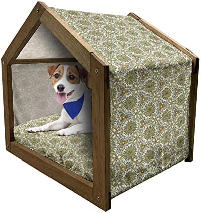 Ambasonne geometrijska drvena kuća za pse, plava tonirana pozadina s toplom obojenom bikovom uzorkama s zvijezdama, zatvorenim