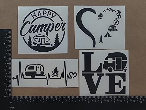 Naljepnica za kampiranje 4 pakiranja: sretan kamper, kampiranje srca, Kampiranje srca, ljubavno kampiranje