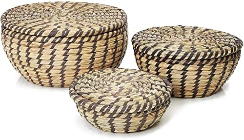 Dekorativne košare za skladištenje morske trave za organiziranje, okrugle tkane košare u 3 veličine s poklopcima