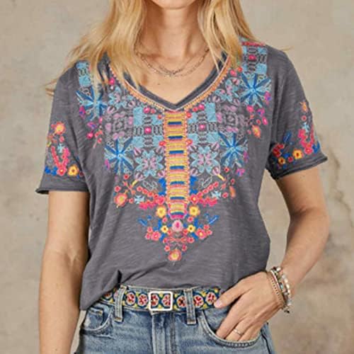 Zdfer vezeni vrhovi za žene Ljetni V-izrez kratki rukavi Boho košulje seljačke bluze labave fit Tops Hippie majice