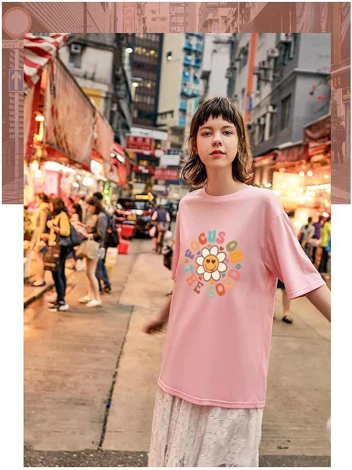 Usredotočite se na dobre predimenzionirane grafičke majice Žene Daisy Slatka cvjetna trendi djevojčica preppy majica